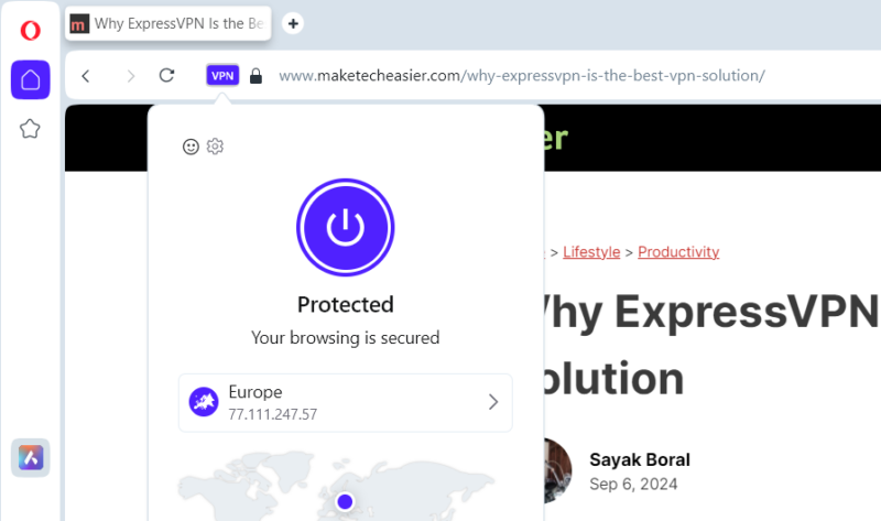 Opera VPN interface connected