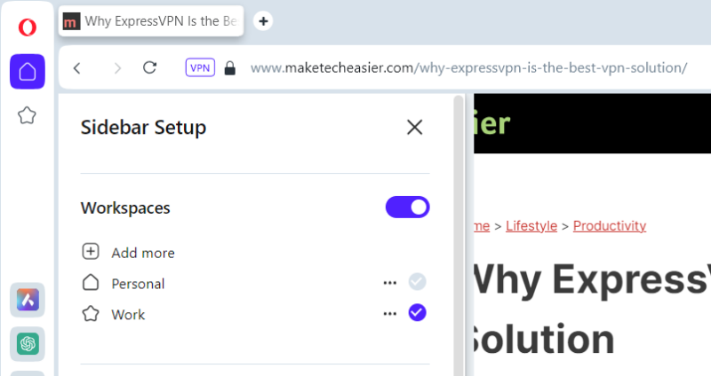 Opera Workspaces feature in the sidebar