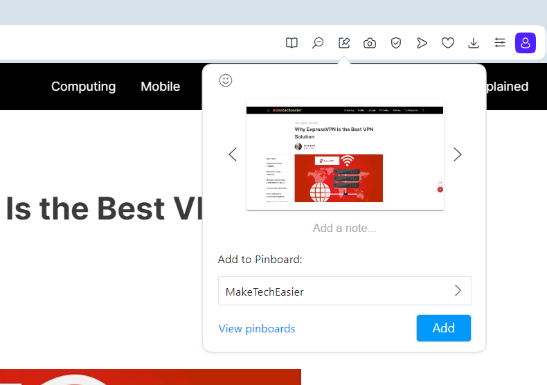 Opera Pinboards saving a pin