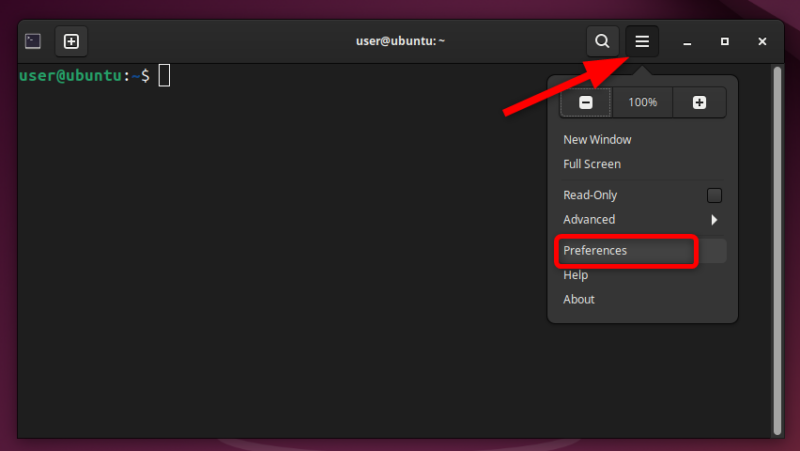 Opening the Preferences setting in the Gnome Terminal.