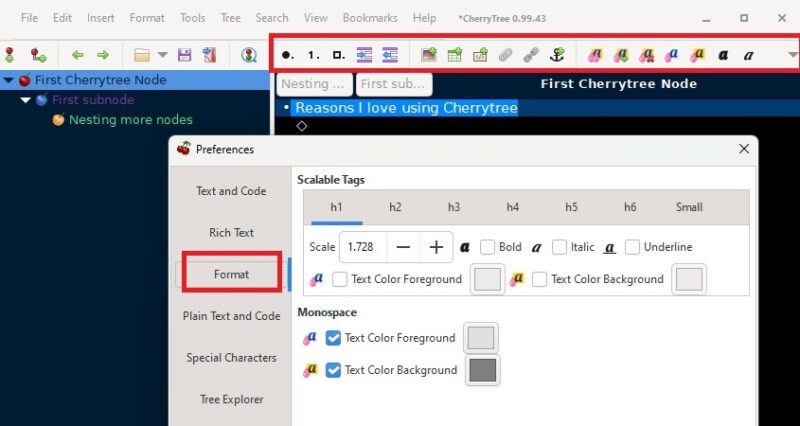 Example of formatting options for notes.