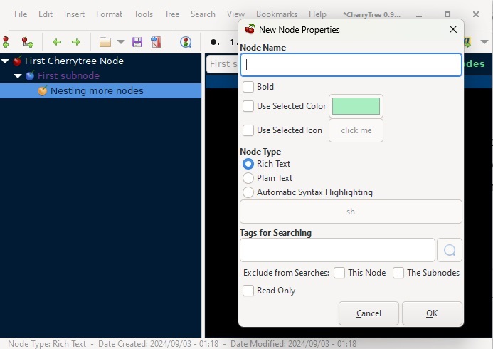 Creating and formatting nodes in Cherrytree.