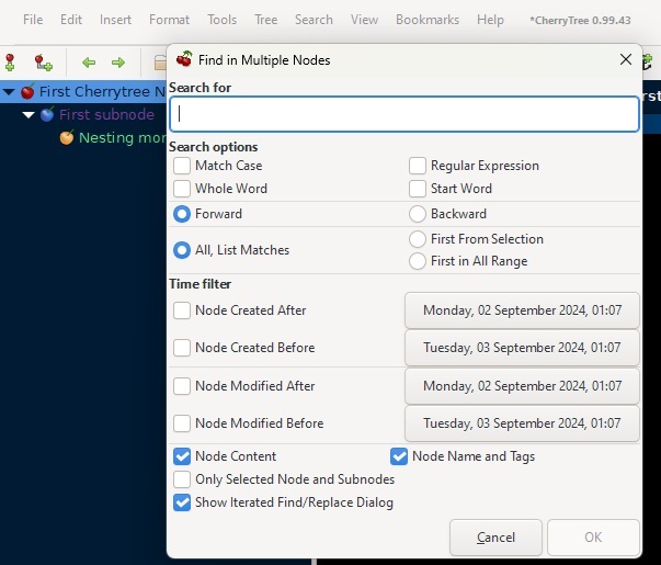 Searching nodes in Cherrytree.