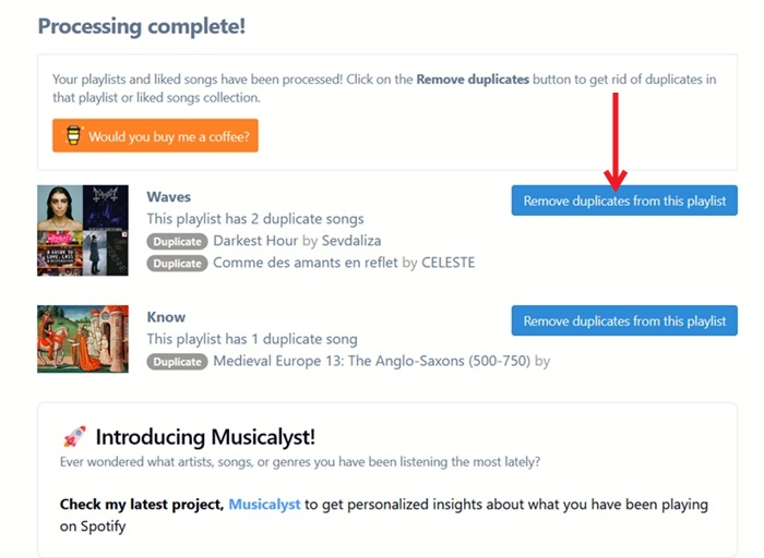 Pressing on "Remove duplicates from playlist" button to delete Spotify playlist duplicates using Spotify Dedup tool.