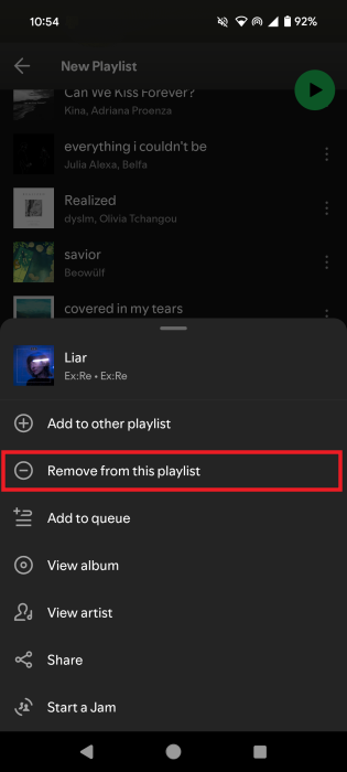 Selecting option to "Remove from this playlist" in Spotify app on Android.