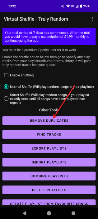 Tapping on "Remove duplicates" button in Virtual Shuffle app.