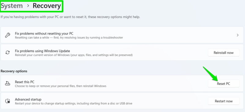 Windows recovery settings with Reset PC button