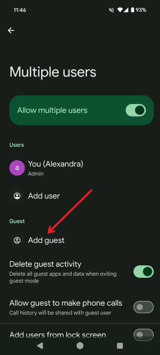 Enabling "Allow multiple users" option in Android Settings and tapping on "Add guest" option.