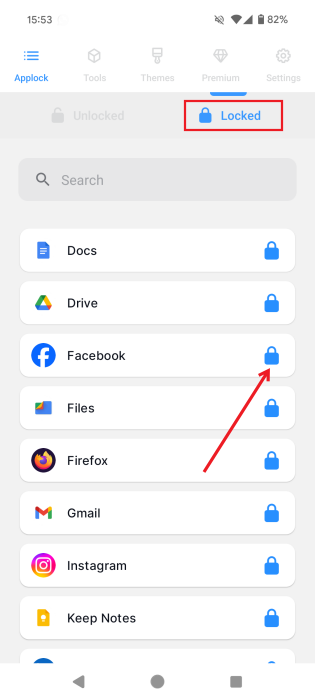 Unlocking app in Applock Pro app on Android.