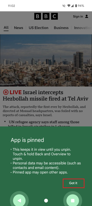 App has been pinned on Android home screen.