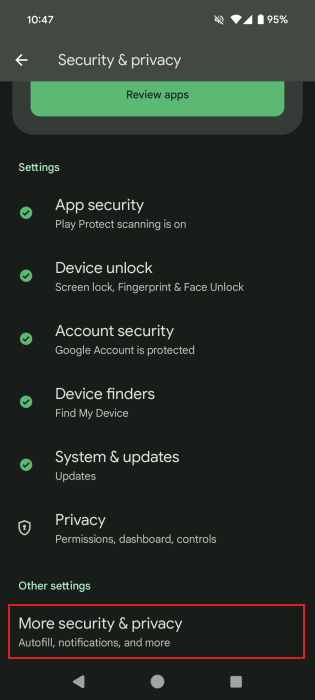 Navigating to "More security & privacy" menu in Android Settings.