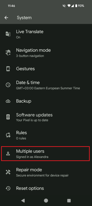 Tapping on "Multiple users" option in Android System.