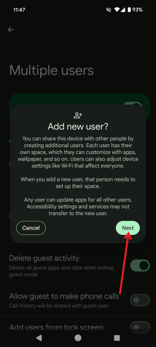 Pressing Next in pop-up asking if you want to "Add new user" on Android.