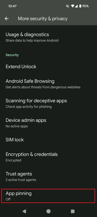 Tapping on "App pinning" in Android Settings.