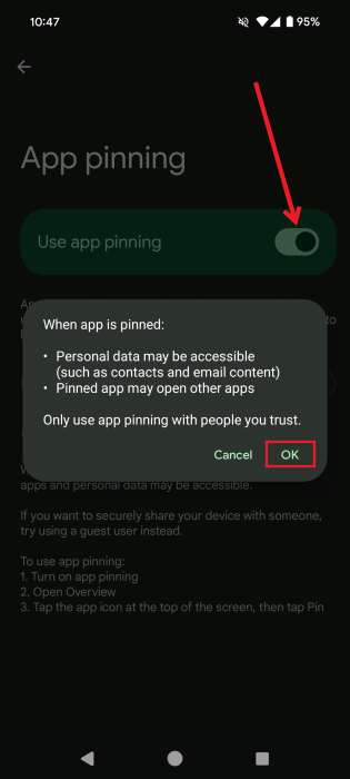 Enabling "Use app pinning" toggle in Android Settings.