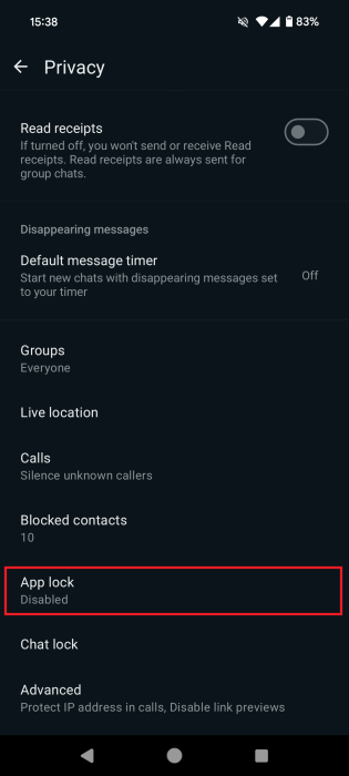 Tapping on "App lock" under Privacy Settings in WhatsApp.