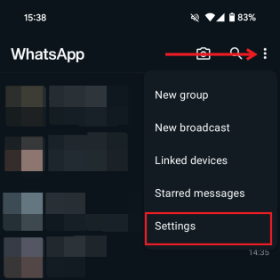 Selecting the Settings option in WhatsApp.