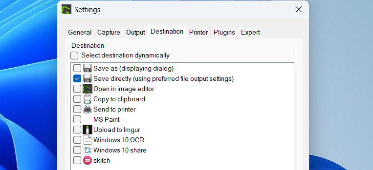 List of saving methods in Greenshot