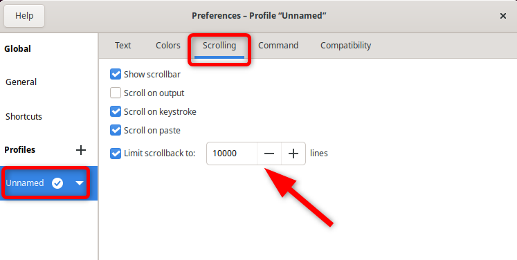 Increasing the Scrollback buffer size from the Scrolling tab in the Gnome terminal Preferences setting.