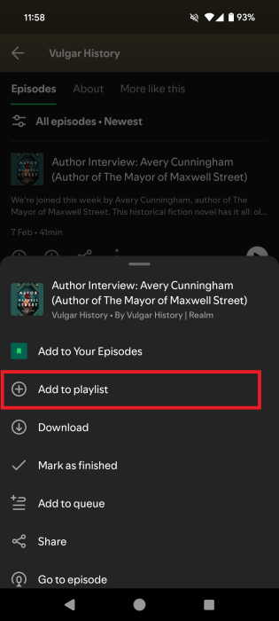 Selecting "Add to playlist" option in pop-up menu in Spotify app on Android.