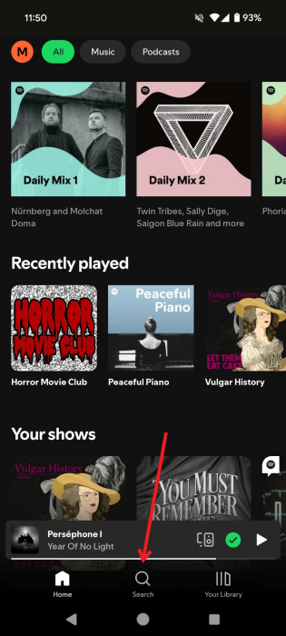 Tapping on the Search button in the Spotify app on Android. 