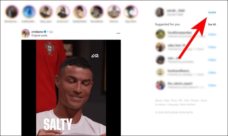 Switching accounts on Instagram in browser