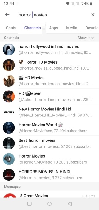 Searching for keyword in Channels section in Telegram app.