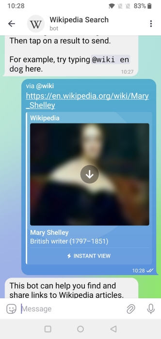 Searching Wikipedia with bot on Telegram app.