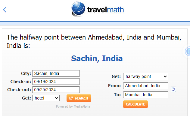 Travelmath Tool to find Halfway Point between Two Locations.