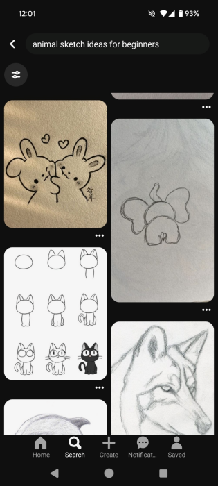 Searching for sketching ideas in the Pinterest mobile app. 