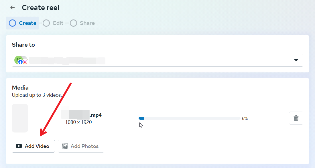 Adding new video for Instagram in Meta Business Suite.