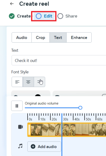 Editing Instagram Reel in Meta Business Suite. 