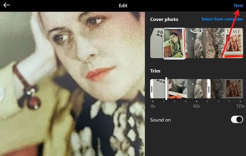 Selecting cover and video length in Instagram on PC. 