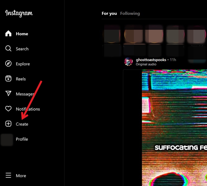 Pressing on the + Create button i Instagram on PC.