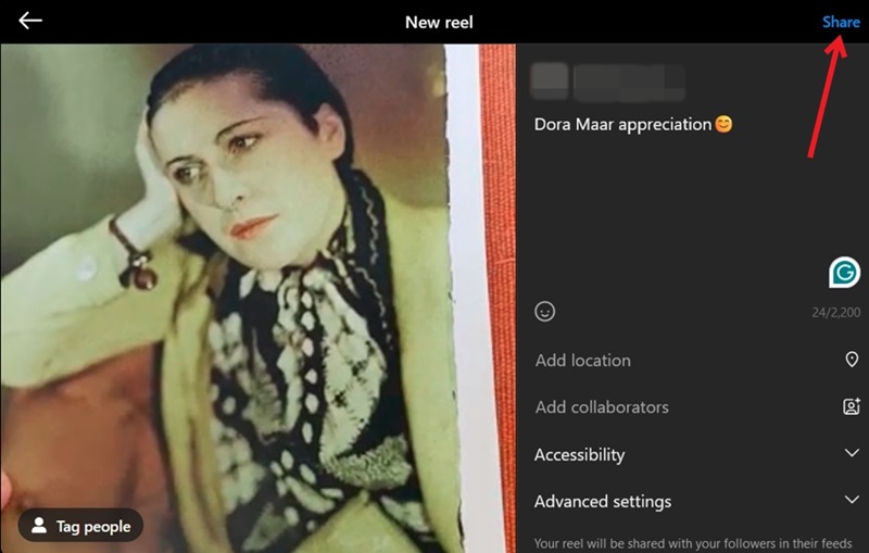 Pressing Share button to post Instagram video on PC.