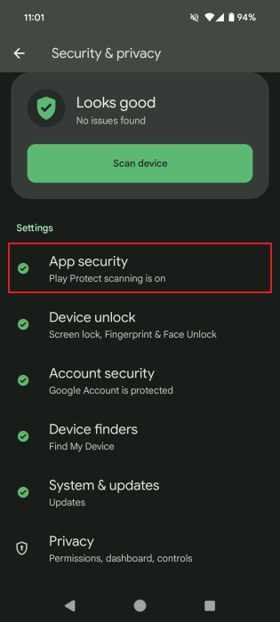 Accessing "App security" in Android Settings. 