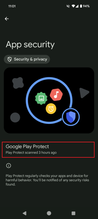 Google Play Protect is active on Android device. 