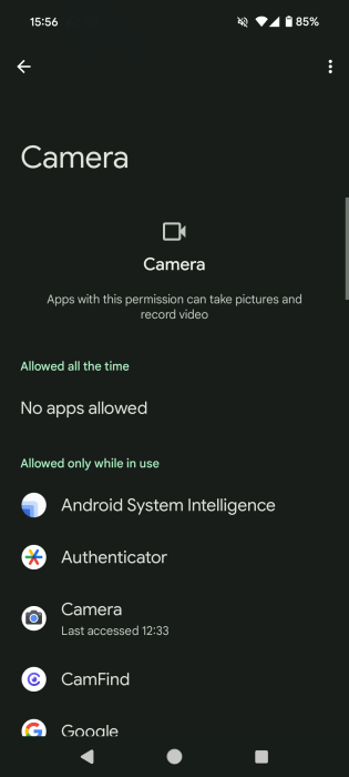 Camera permissions view on Android phone. 