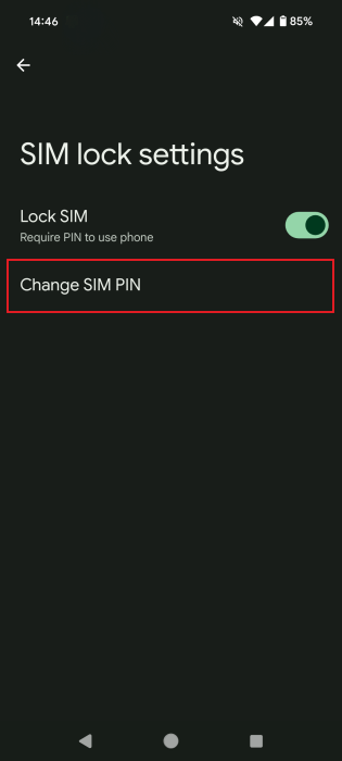 Tapping on "Change SIM PIN" in Android Settings.