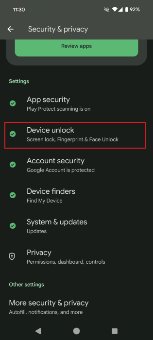 Selecting "Device unlock" option in Android Settings. 