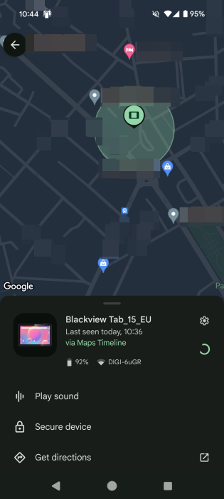 Find My Phone app showing location of Android device. 