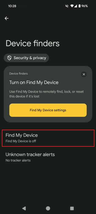 Tapping on "Find My Device" option in Android Settings.