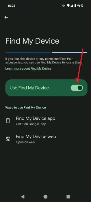 Activating "Find My Device" toggle in Android Settings. 