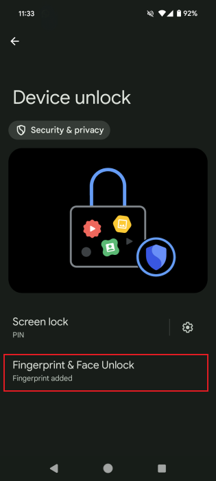 Selecting "Fingerprint & Face Unlock" option in Android Settings.