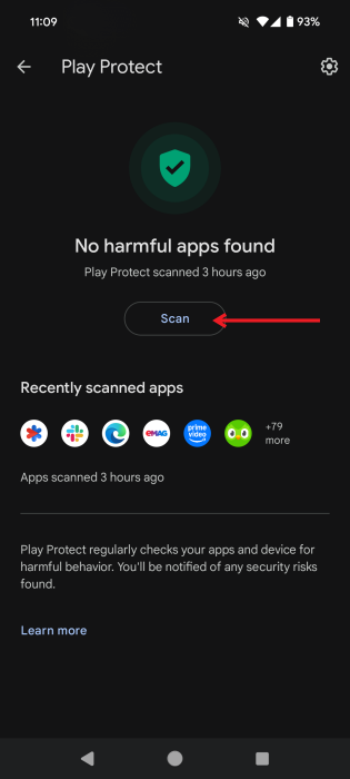 Pressing the Scan button to start an app scan using Play Protect. 