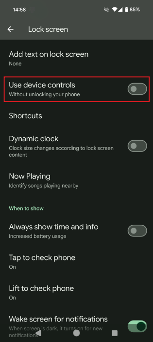 Turning off "Use device controls" toggle in Android Settings.