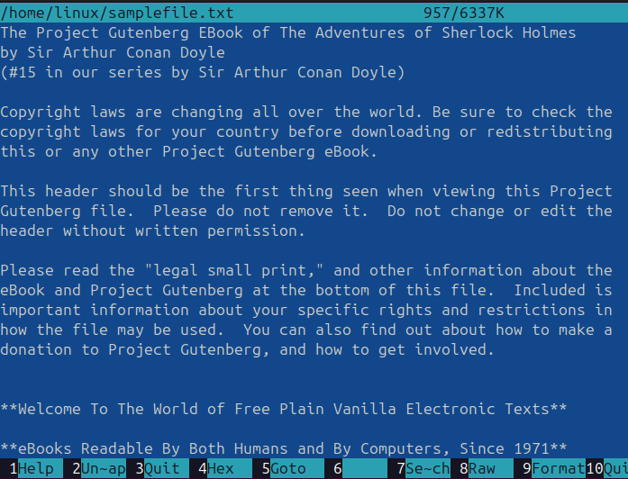 Viewing large file on midnight commander tool.