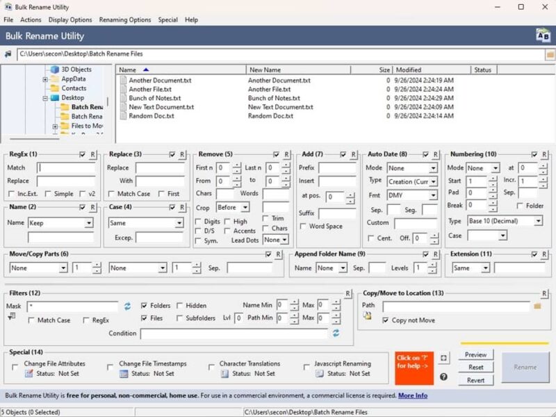 Setting parameters in Bulk Rename Utility.