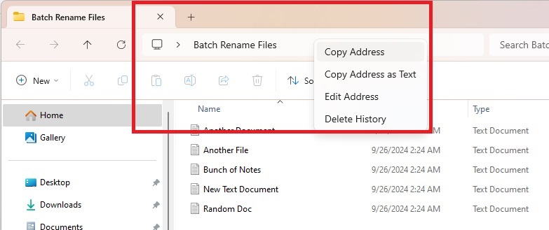 Copying a folder address from File Explorer.