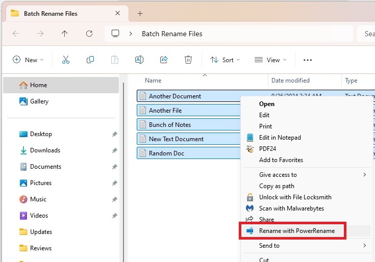 Selecting the PowerRename option from the right-click context menu.